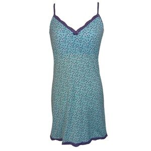 Victoria’s Secret Blue Floral Slip Dress with Purple Lace Trim. Size Medium